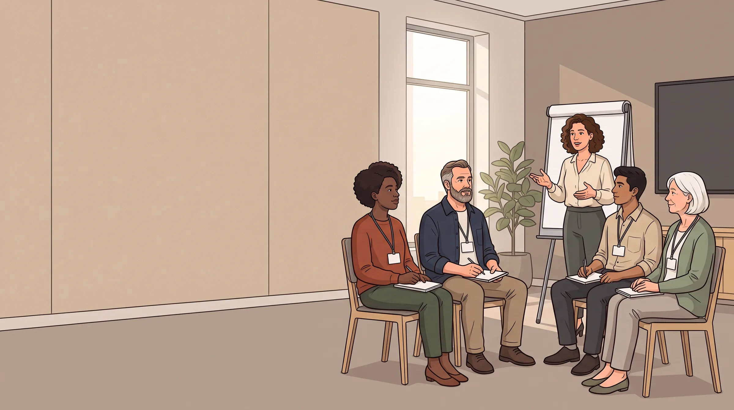 Illustration : dans une salle de formation, quatre personnes assises en demi-cercle sur des chaises en bois clair écoutent une animatrice debout près d'un chevalet de conférence.