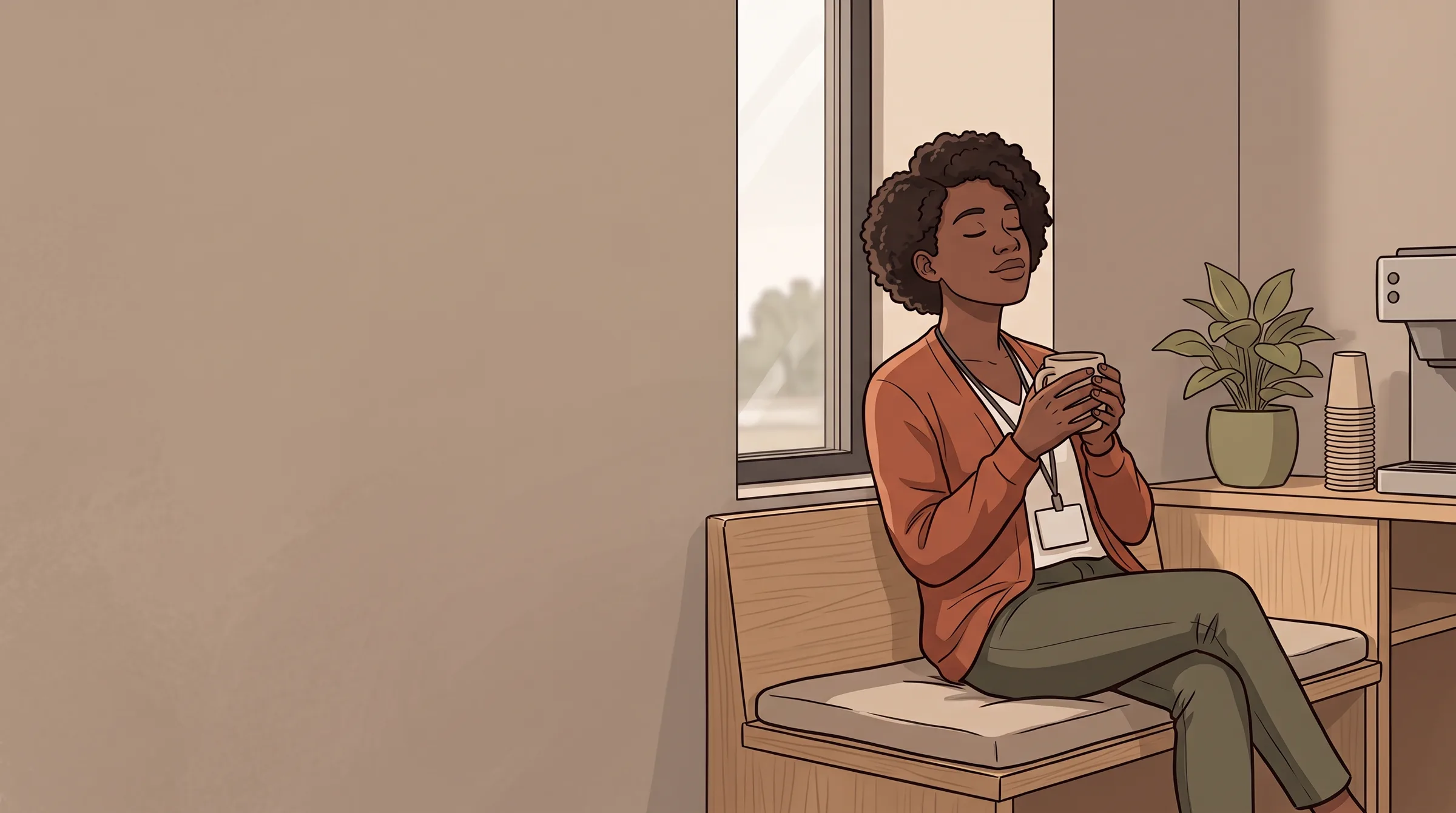 Illustration : dans le coin pause de l'entreprise, une jeune femme savoure un moment de pause les yeux fermés, une tasse entre les mains.