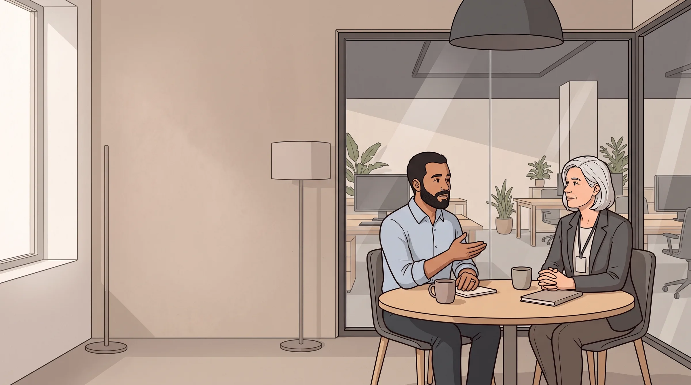 Illustration : dans une petite salle de réunion, deux personnes échangent calmement autour d'une table ronde.