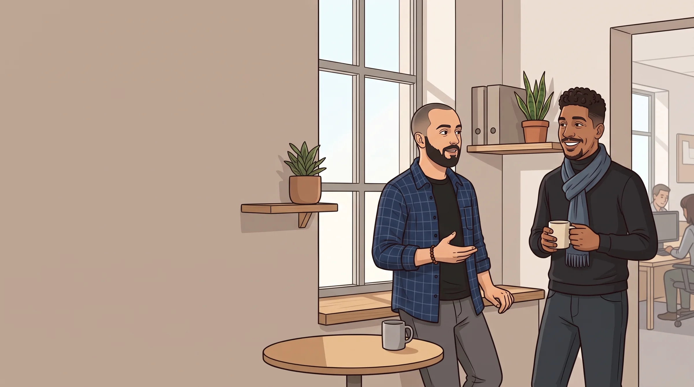 Illustration : les deux fondateurs, Jonathan et Francesco, debout près d'une fenêtre, une tasse à la main, en pleine conversation informelle.