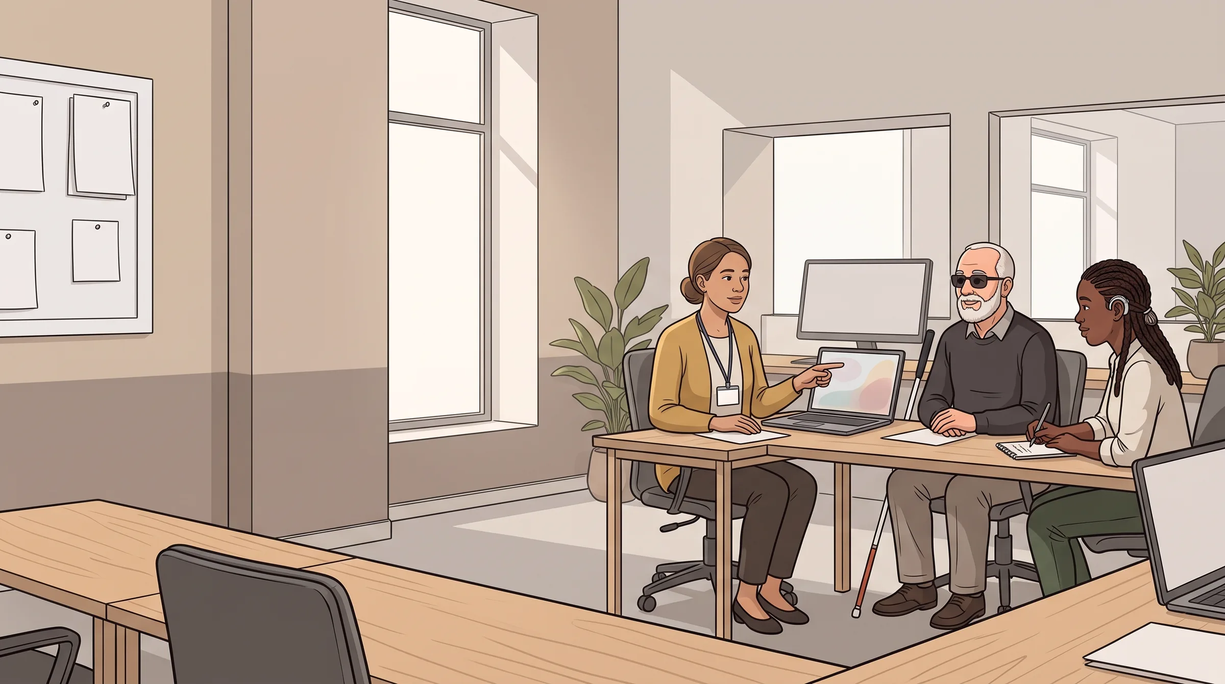 Illustration : une animatrice accompagne deux participants, dont un homme malvoyant avec sa canne blanche, autour d'un ordinateur.